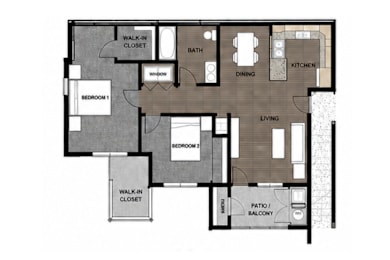 A floor plan of a house with two bedrooms, a living room, a kitchen, a dining room, a walk-in closet, and a patio/balcony.