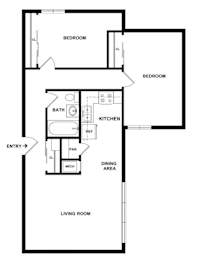 A black and white floor plan of a house with two bedrooms, a living room, a kitchen, a bathroom, a dining area, and an entry point.