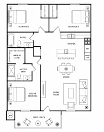 A floor plan of a house with labeled rooms such as Bedroom 2, Bath 2, Kitchen, and Living Room.