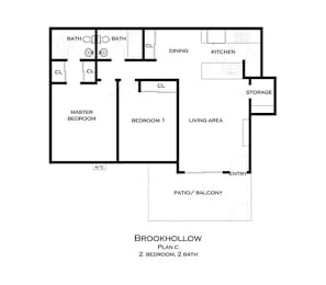 A black and white image of a Brookhollow floor plan at Brookhollow Apartments, West Covina , CA
