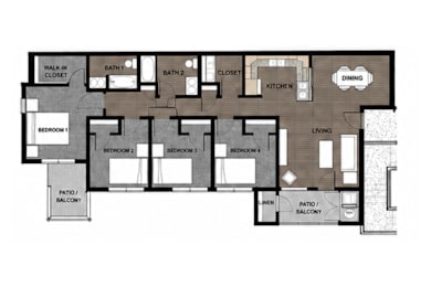 A floor plan of a house with four bedrooms, a patio, a kitchen, a dining area, and a living room.