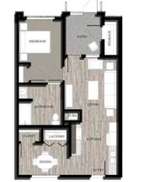 A floor plan of a house with a bedroom, bathroom, living room, kitchen, dining area, closet, laundry, and storage.