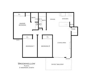 A black and white image of a Brookhollow floor plan at Brookhollow Apartments, West Covina , California