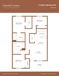 A three bedroom apartment floor plan by Lincoln Corner Apartments.