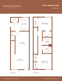 A floor plan for a two bedroom apartment at Lincoln Corner.