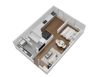 A top down view of a small apartment with a kitchen, living room and bathroom.