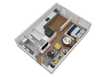 A top down view of a small apartment with a kitchen, living room, and bedroom.