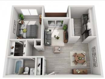 A 3D floor plan of a small apartment with a kitchen, living room, and bedroom.