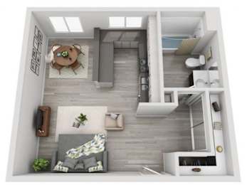 A 3D rendered image of a modern apartment layout.