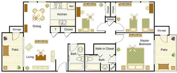 A floor plan of a house with a kitchen, dining room, living room, bathroom, and bedrooms.