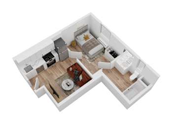 A top-down view of a small apartment with a kitchen, living room, and bathroom.