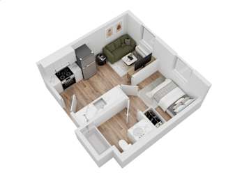 A top down view of a small apartment with a kitchen, living room, and bedroom.