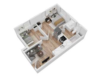 A white floor plan of a small apartment with a kitchen, living room, and bedroom.