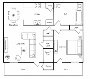 A black and white floor plan of a house with a kitchen, living room, dining room, and bath.