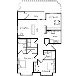 A floor plan of a house showing a living area, kitchen, dining area, and two bedrooms.