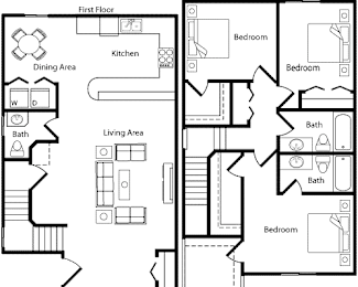 A floor plan of a house with a living area, kitchen, dining area, and three bedrooms.