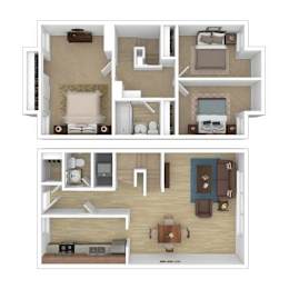 A floor plan of a two-story apartment with a living room, dining room, kitchen, and bedrooms.