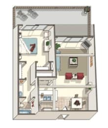 A drawing of a house with a kitchen, living room, and bathroom. at The Arbors Santa Ana, California, 92705