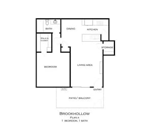 A black and white image of a Brookhollow floor plan with one bedroom and one bath at Brookhollow Apartments, West Covina , CA