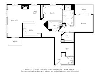 A black and white floor plan of an apartment with a living room, dining room, kitchen, and two bedrooms.