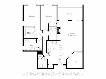 A black and white floor plan of a house with two bedrooms, a living/dining room, kitchen, bath, entry, and den.
