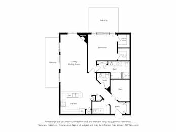 A black and white drawing of a house with a balcony, dining room, living room, kitchen, bath, and den.