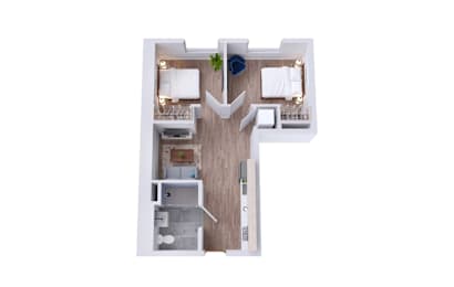 Floor Plan  A top view of a room with a bed, a couch, a table, and a potted plant.