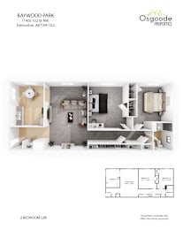 Floor Plan  A floor plan and an overhead view of a 2 bedroom apartment.