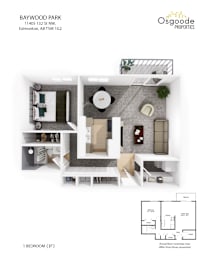 Floor Plan  A floor plan for a 1 bedroom apartment in Baywood Park.
