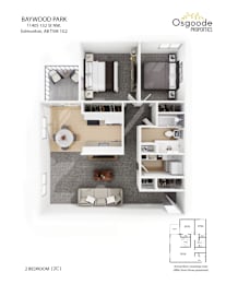 Floor Plan  A floor plan of a 2 bedroom apartment at Baywood Park.