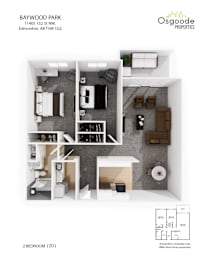 Floor Plan  A floor plan of a 2 bedroom apartment.