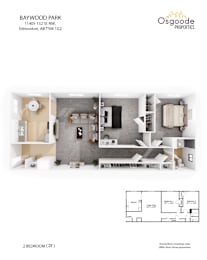 Floor Plan  A floor plan for a 2 bedroom apartment at Baywood Park.