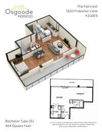 Floor Plan  A floor plan for a Bachelor Type (B) apartment at The Faircrest at 1833 Frobisher Lane K1G0E8.