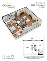 Floor Plan  A 3D floor plan of a one bedroom apartment with a detailed inset showing a close up of the kitchen area.