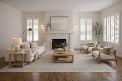 A living room with a fireplace, two couches, a coffee table, and a floor lamp.
