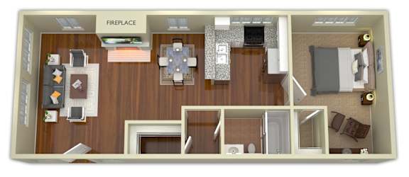 A floor plan of a house with a fireplace.