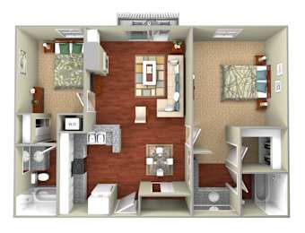 A 3D rendered image of a small apartment layout.
