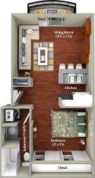 a small apartment with a bedroom and living room