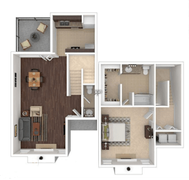A floor plan of a two-story apartment with a living room, kitchen, and bathrooms.