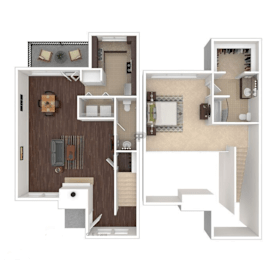 A floor plan of a two-story home with a living room, kitchen, and bedrooms.