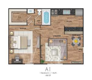 A floor plan of a one bedroom apartment with a bath and a living room.