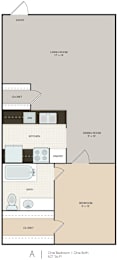 A floor plan of a one bedroom apartment with one bath.
