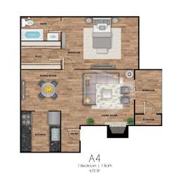A4 floor plan of a 1 bedroom apartment with 1 bathroom.