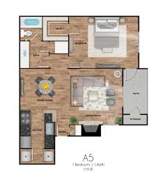 A5 floor plan of a 1 bedroom, 1 bathroom apartment.
