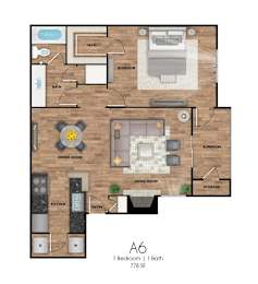 A6 floor plan of a 1 bedroom apartment with 1 bathroom.