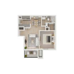 A top-down view of a house layout with a kitchen, living room, and bathroom.