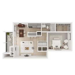 A top-down view of a small apartment with a kitchen, living room, and bathroom.