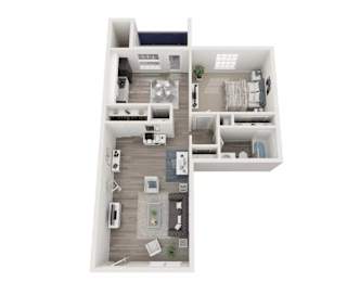 A top-down view of a modern apartment layout.