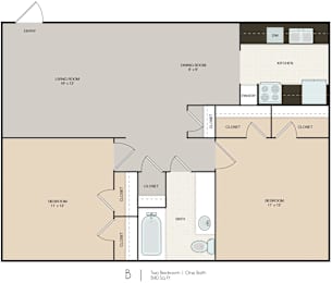 A floor plan of a one bedroom apartment with a living room, dining room, kitchen, and bathroom.