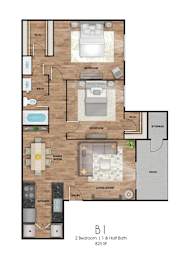 A floor plan of a 2 bedroom apartment with 1 and a half baths.